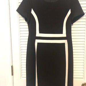 Flattering black and white dress. Comfortable and easy care.